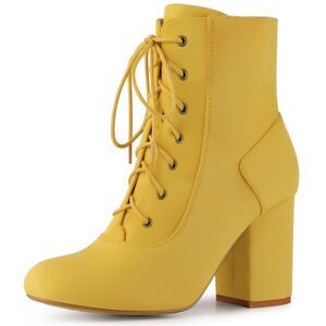 Round Toe Chunky High Heel Lace Up Yellow Ankel Boots for Women